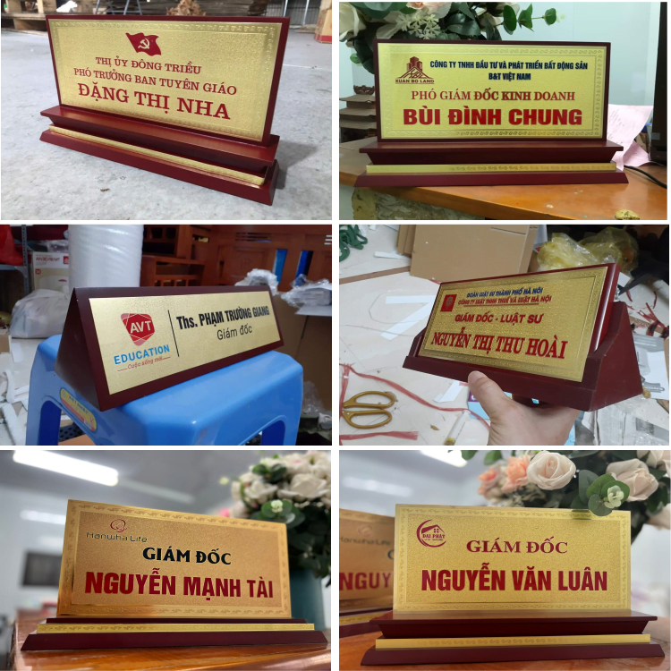 biển chức danh mặt đồng đế gỗ