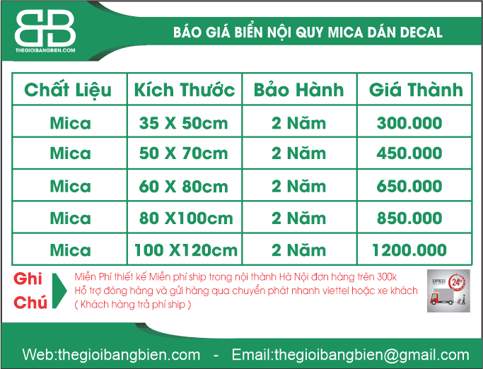 báo giá biển nội quy mica dán decal
